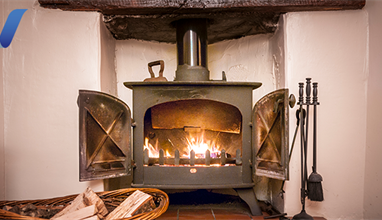 Fire in a wood burning stove fireplace